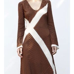 Zara Striped Brown and White Long Sleeve Dress